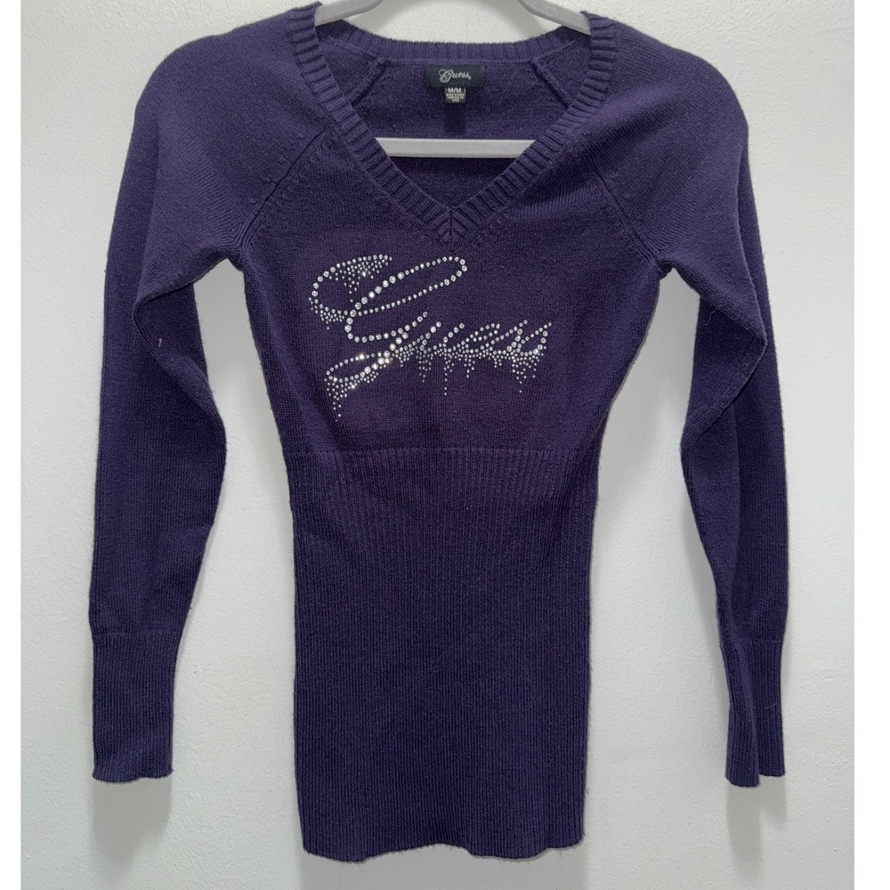Guess Womens M Purple Rhinestone Logo Sweater V Neck Y2K 2000s Fitted Knit